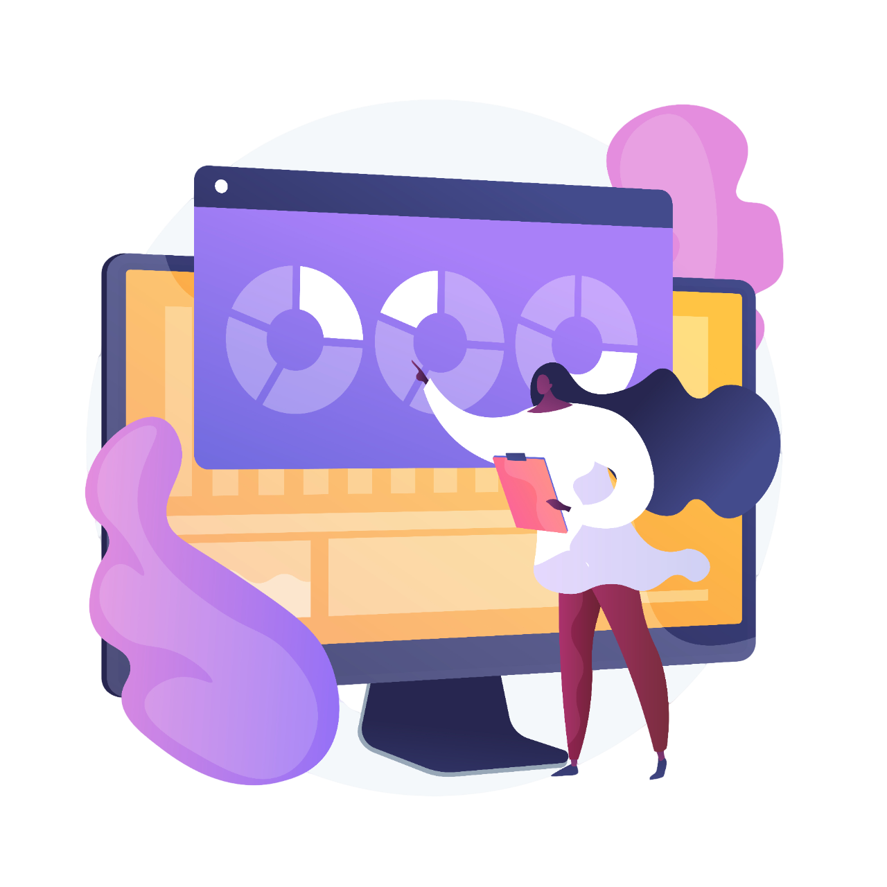 Illustration of a user reviewing a personalized franchise dashboard with match scores and application tracking