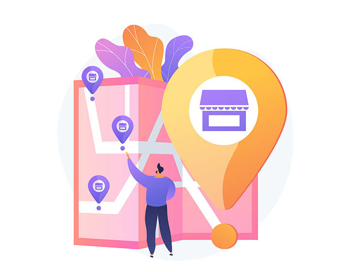 Map with location pins and a large marker, showing how to add and list your franchise for buyers