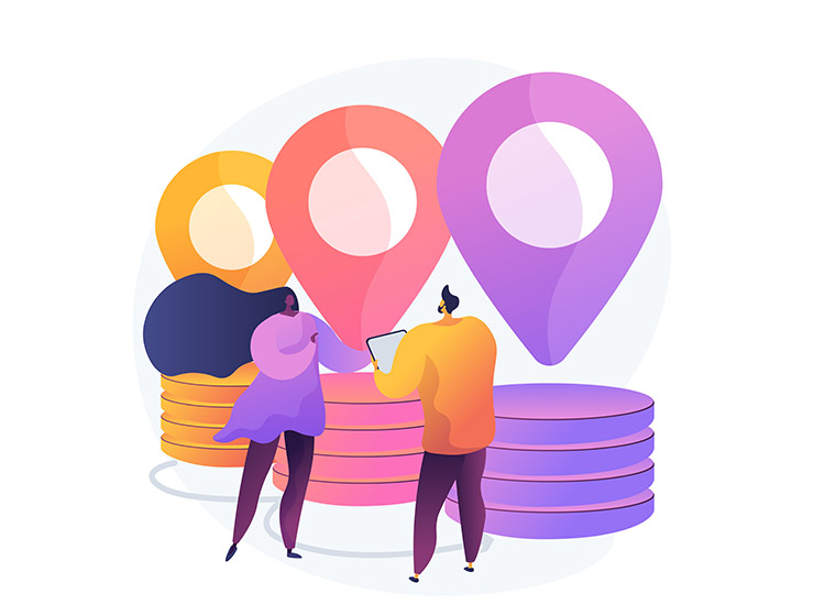 Consultants reviewing locations with map markers and coins, guiding franchise setup and expansion